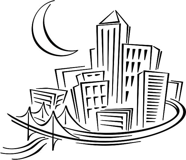 City Bridge Moon vector art illustration