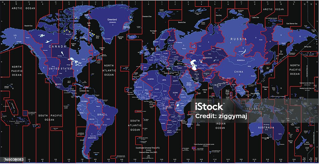 Mapa mundial de-husos horarios - arte vectorial de Zona horaria libre de derechos