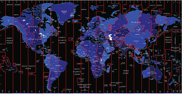 ilustraciones, imágenes clip art, dibujos animados e iconos de stock de mapa mundial de-husos horarios - mapa de husos horarios