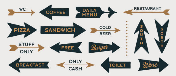 Arrow set icons. Black and white collection vintage sign, symbols and graphic elements. Flat arrow set for decorative design. Hand-drawn graphics, drawing sign. Modern arrows. Vector Illustration