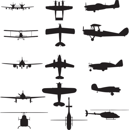 A collection of silhouettes containing various airplanes and helicopters