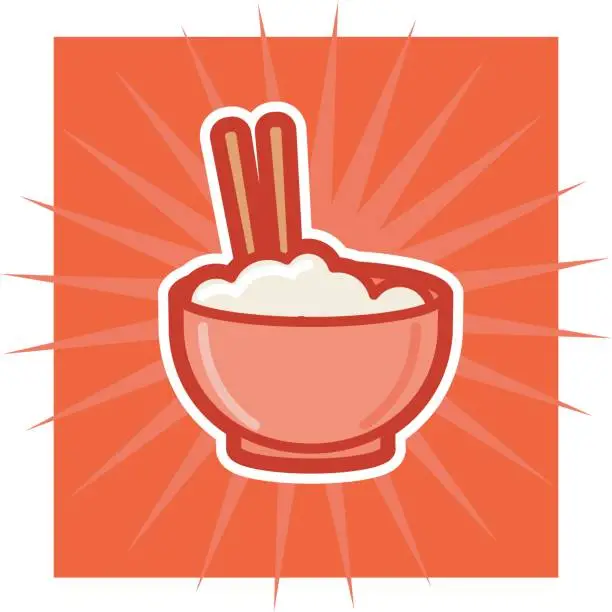 Vector illustration of Image of comic rice bowl with chopsticks with radiance