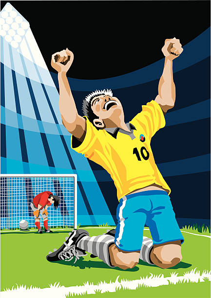 Happy Soccer Player After Scoring Goal "Vector Illustration of a cheering scorer, in the background is the defeated goalkeeper. The colors in the .eps and .ai-files are ready for print (CMYK). Included files: EPS (v8), AI (CS2) and Hi-Res JPG." stadium playing field grass fifa world cup stock illustrations