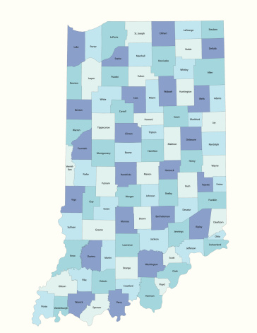 Detailed state-county map of Indiana. This file is part of a series of state/county maps.  Each file is constructed using multiple layers including county borders, county names, and a highly detailed state silhouette. Each file is fully customizable with the ability to change the color of individual counties to suit your needs.