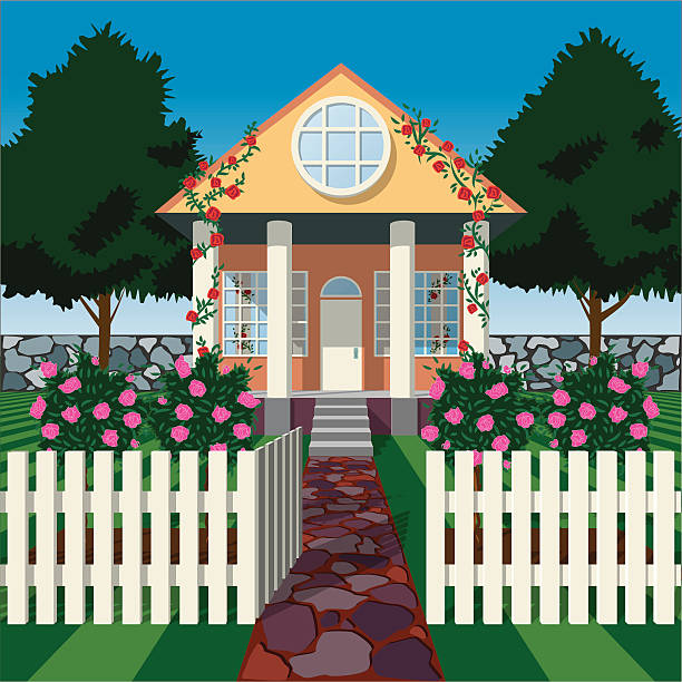 Rose House Perfect little house with roses and white picket fence. EPS, AI and 300dpi JPG facade stock illustrations