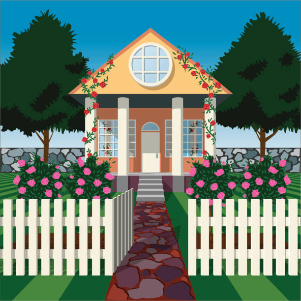 Rose House Perfect little house with roses and white picket fence. EPS, AI and 300dpi JPG garden pathway stock illustrations