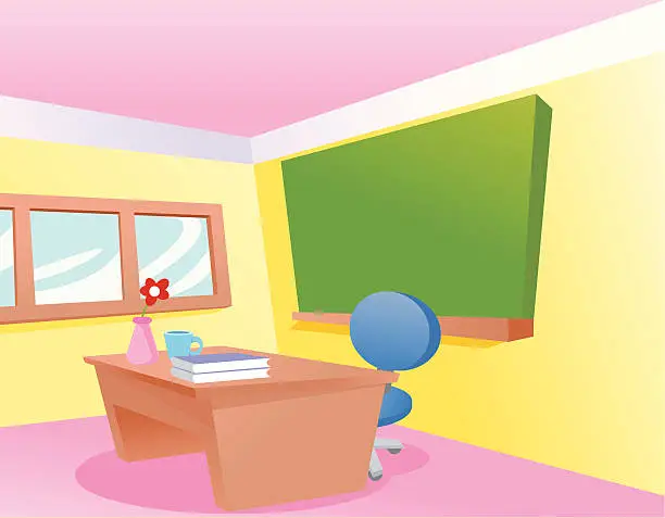Vector illustration of A cartoon classroom with a teachers desk
