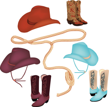 Gradient mesh was used to create these western hats and cowboy boots, and the cowboy's lasso.  Large JPG, thumbnail JPG, and Illustrator 8 compatible EPS are included in zip.