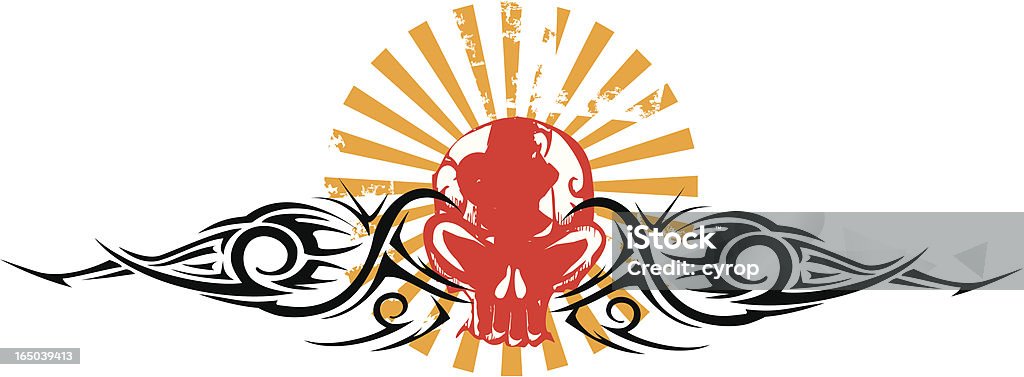 Czerwony godło z czaszka tribal akcentami i Japonii promieni - Grafika wektorowa royalty-free (Tatuaż)
