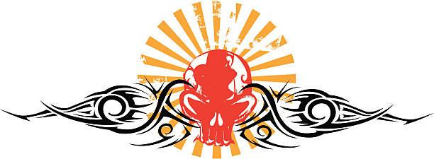 red skull emblem with tribal accents and japan rays vector art illustration