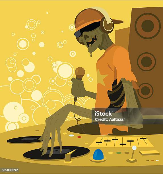 Cartoon Zombie Dj Holding Microphone And Turntables Stock Illustration - Download Image Now
