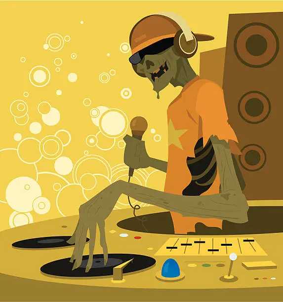 Vector illustration of Cartoon Zombie DJ Holding Microphone and Turntables