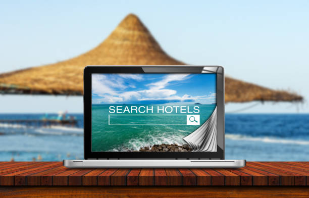 istock Search Hotels Website on Laptop Computer Screen - Booking Concept 1650397638