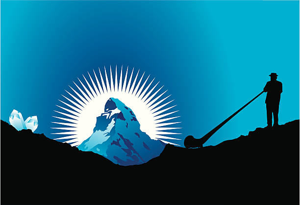 Matterhorn An alphorn player in front of the matterhorn with an detailled crystal. alpenhorn stock illustrations