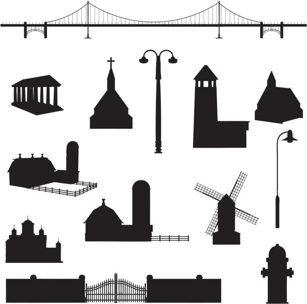 ilustrações, clipart, desenhos animados e ícones de edifício silhueta collection (vetor jpg - non urban scene silhouette fence gate