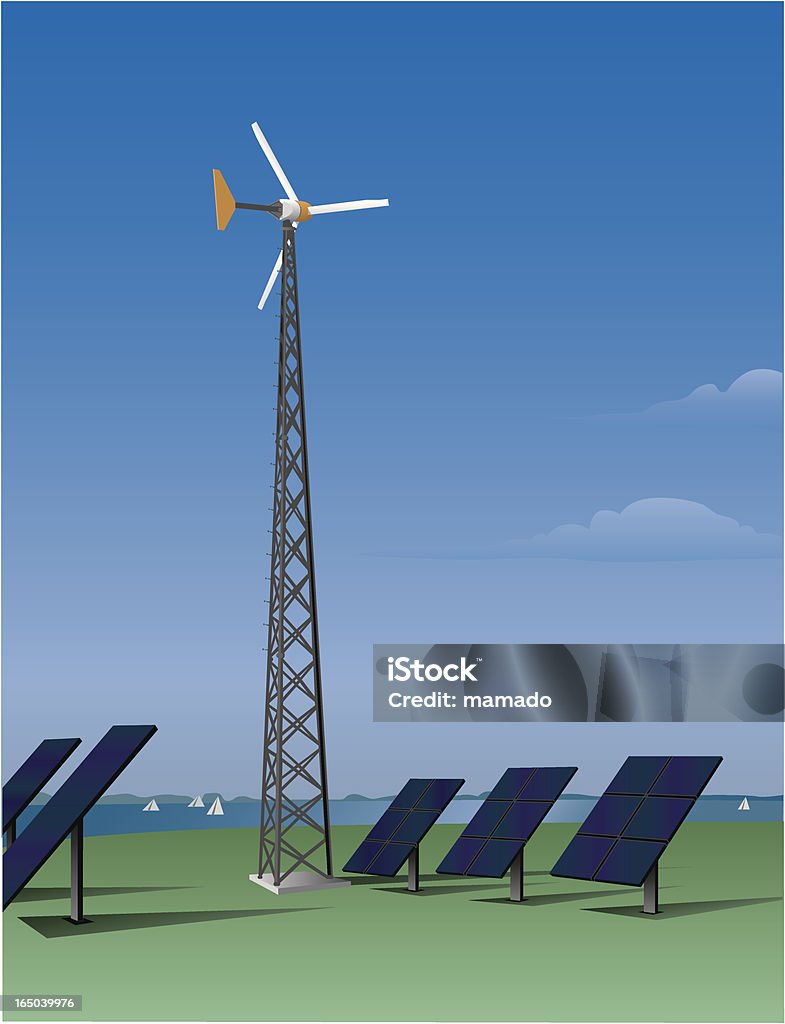 Wind turbine et panneaux solaires (vecteur - clipart vectoriel de Développement durable libre de droits