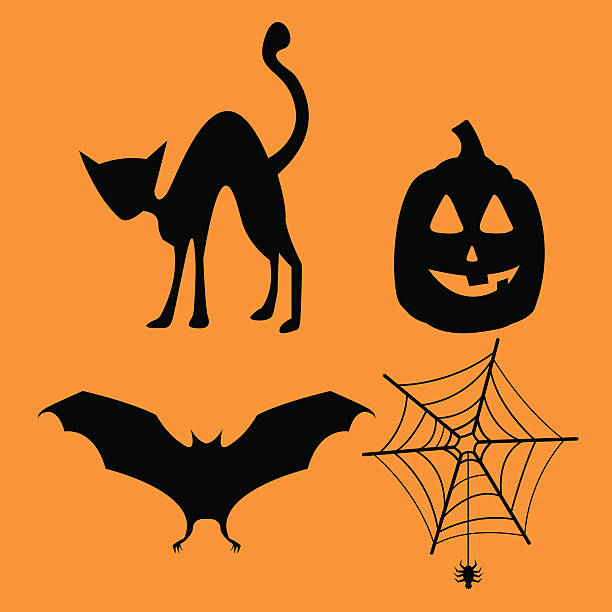 Black on orange Halloween decoration icons set vector art illustration
