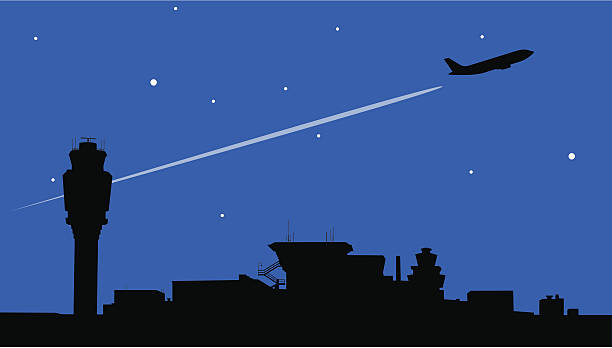 Night Flight Airplane takes off behind airport's control tower. JPG Included. flight radar screen stock illustrations