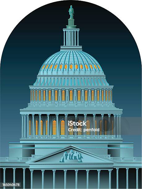 Ilustración de Domo Del Capitolio Por La Noche y más Vectores Libres de Derechos de Edificio del Capitolio - Washington DC - Edificio del Capitolio - Washington DC, Azul, Vector