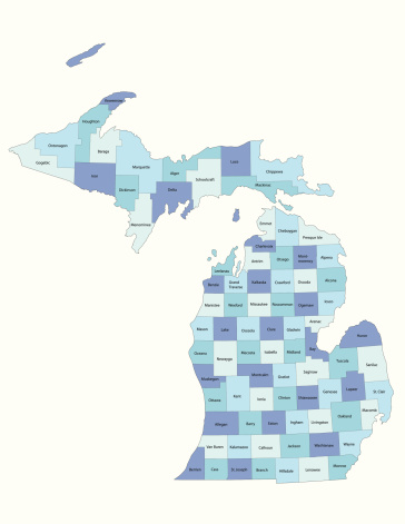 Detailed state-county map of Michigan.