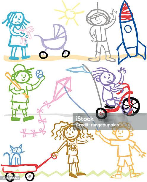 Дети Цветной Мелок — стоковая векторная графика и другие изображения на тему Астронавт - Астронавт, Иллюстрация, Мальчики