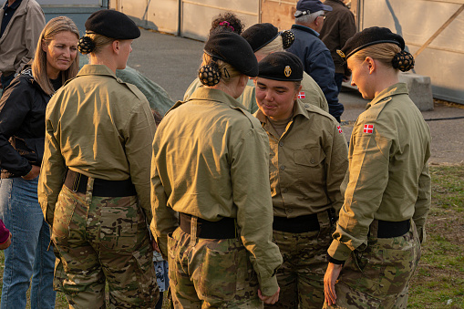 August 30, 2023, Fredericia, Denmark, female soldiers talking to each other in connection with the Queen's visit to Fredericia