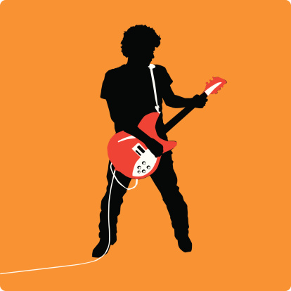 Rock Guitarist with a Red Guitar... Rocking out! Zipped folder contains .ai, .eps, jpg, Source and AI8.eps files. Change sizes/colors and seperate elements as needed.