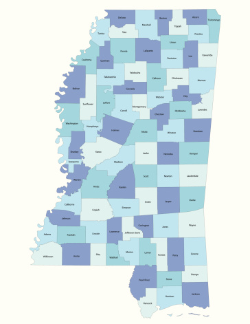 Detailed state-county map of Mississippi.