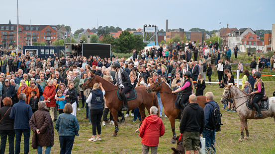 August 30, 2023, Fredericia, Denmark, spectators waiting for a horse show in connection with the Queen's visit to Fredericia