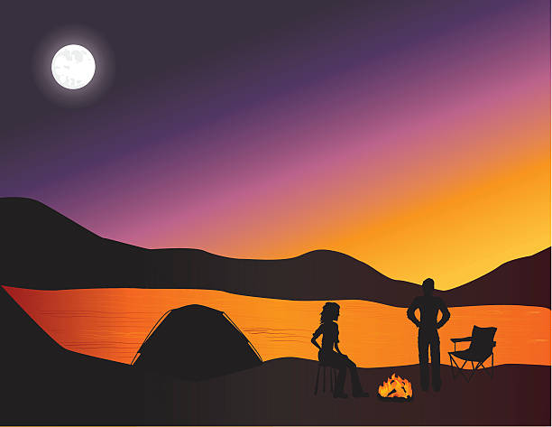 Acampamento ao pôr-do-sol - ilustração de arte em vetor
