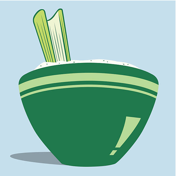 Celery and Dip Vector art of celery stick in a bowl of dip. The celery stick is complete underneath the bowl, so it can be removed and used on its own as well by deleting the bowl and dip in Illustrator. ranch dressing stock illustrations