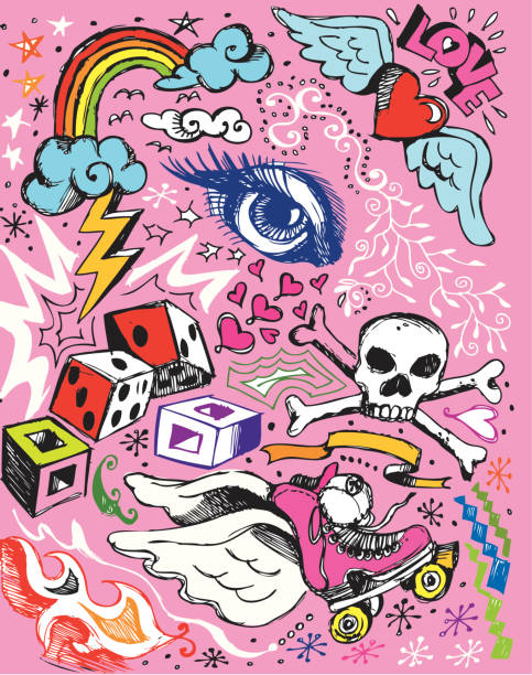 Random doodle elements on a pink background fun hand drawn doodle elememts. 300 dpi jpg included. teenager doodle stock illustrations