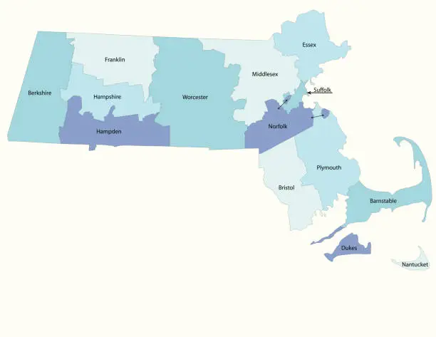 Vector illustration of Massachusetts state - county map