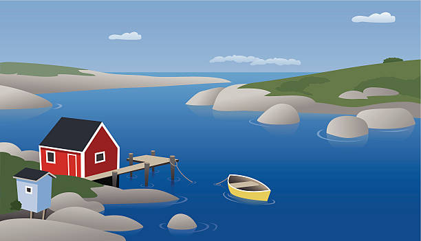 Homescapes - Nova Scotia A solitary fisherman's house in a peaceful rocky harbor. AI CS2, EPS, and JPG included. jetty boat stock illustrations