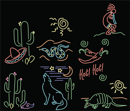 vector file of seven southwest design scenes drawn to look like neon lights. Black background on a separate layer.  Files include cs-eps, cs-ai, and hi-res jpeg.