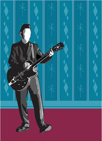 Old Rockabilly styled guitarist with a retro styled wallpaper background