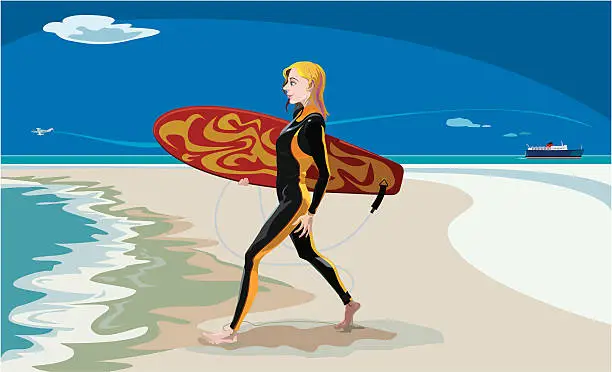 Vector illustration of girl go surfer on the beach