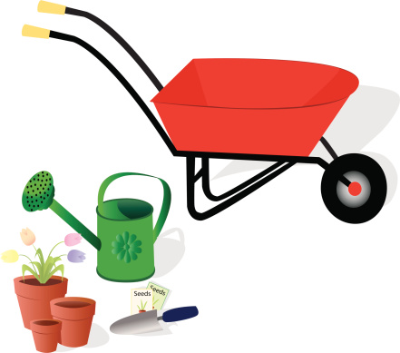 Gradients were used to create these gardening necessities, including wheelbarrow, sprinkling can, pots, spade, seeds, and tulips.  Large JPG, thumbnail JPG, and Illustrator 8 compatible EPS are included in zip.