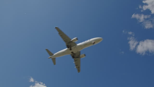 Airplane flying across vibrant blue sky