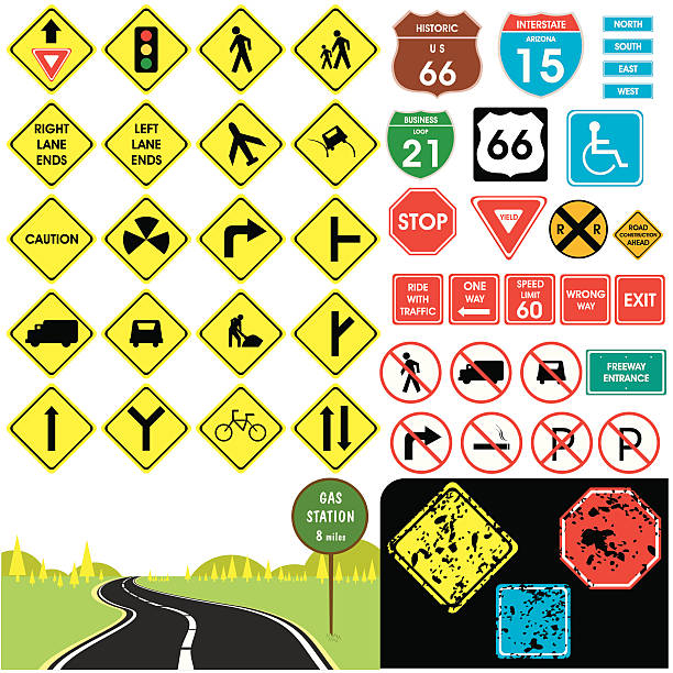 ilustrações de stock, clip art, desenhos animados e ícones de sinais de trânsito - route 66 illustrations