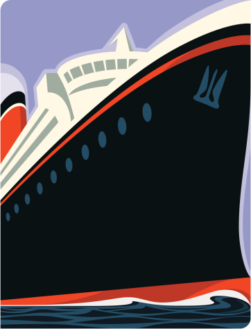 Retro cruise ship in the manner of classic travel posters. ZIP includes AI8 EPS and a 300 dpi JPEG at 5.25 x 4 inches.