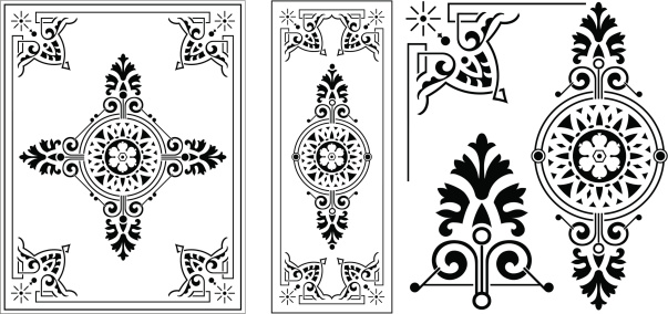 Victorian Ornate Panel with Corner details and ends, all vector illustrations and very clean. Saved in AI,EPS,PDF, and JPEG formats. Colour as you wish!