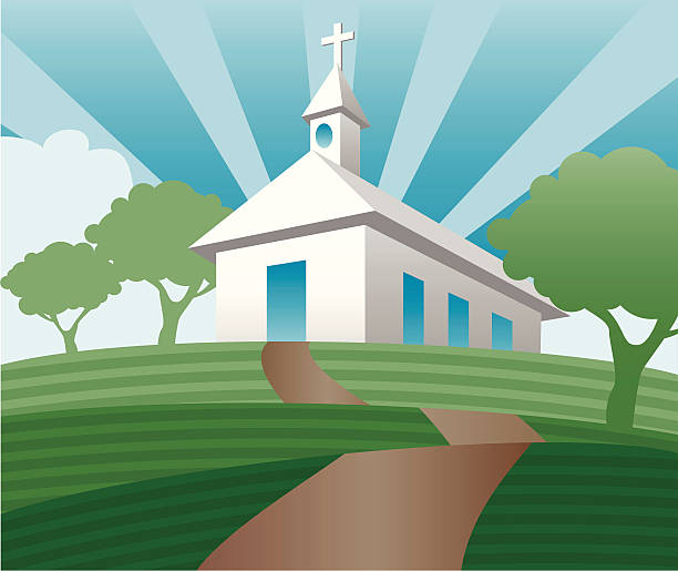 ilustrações, clipart, desenhos animados e ícones de igreja rural em uma colina - church steeple vector christianity