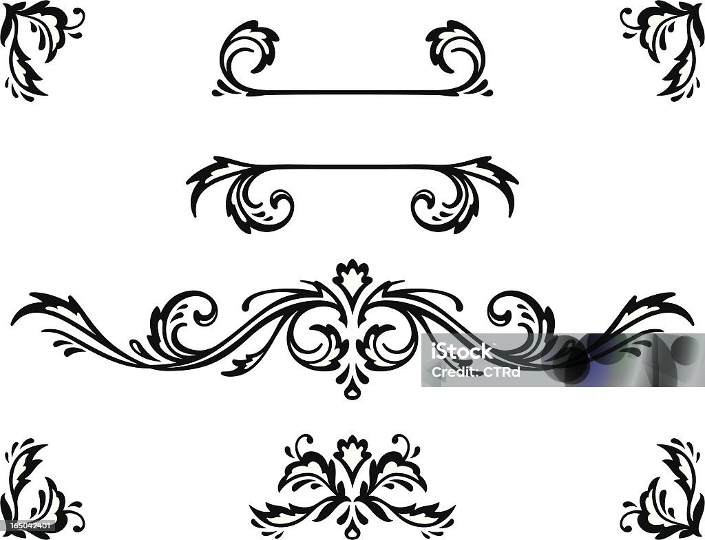 Decorative Elements Vector ornamental elements. Suggested uses: titling frame and corner details. Embellishment stock vector