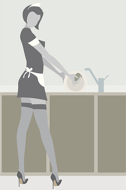 Sexy maid washing dishes vector art illustration