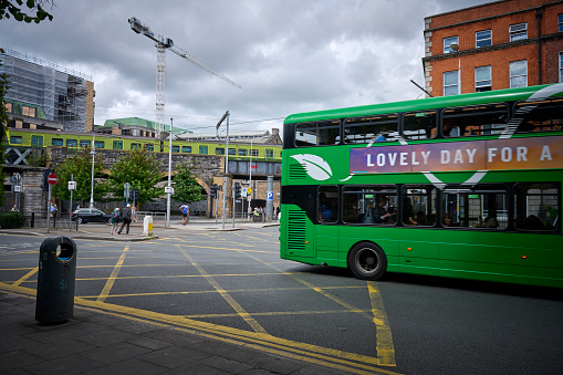 London, UK - June 22, 2018: View on double decker bus in city with ad, advertisement board advertising TotalJobs, online job, work search, recruitment, recruiting platform