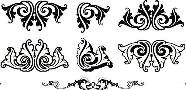 украшенный scrolls и правила - corner swirl illustration and painting classical style stock illustrations