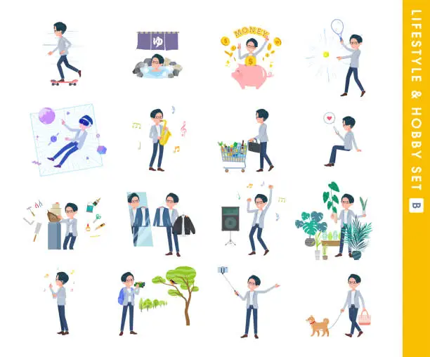 Vector illustration of A set of Programmer engineer man about hobbies and lifestyle.type B