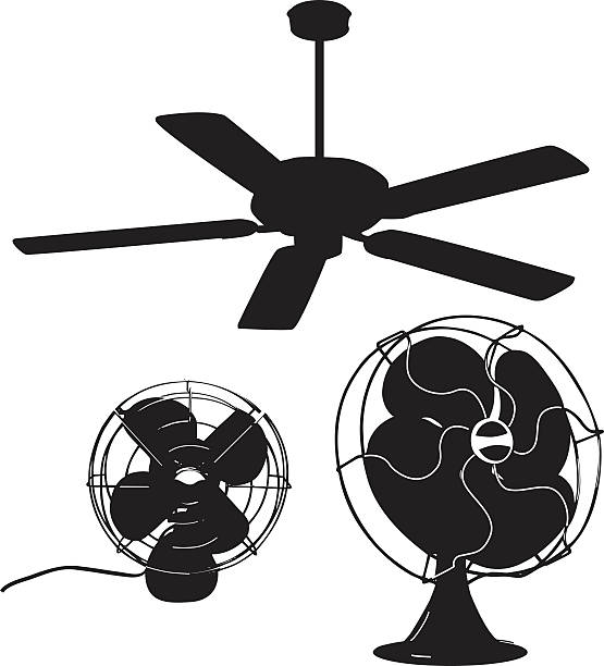 Silhouettes of fans ceiling fans and table fans Three kinds of fans to keep you cool. AI Cs2 file + large (300 dpi) JPEG included in ZIP. old fashioned ceiling fans stock illustrations