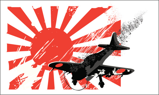 kamikaze zero plane over imperial japan flag, grunge treatment